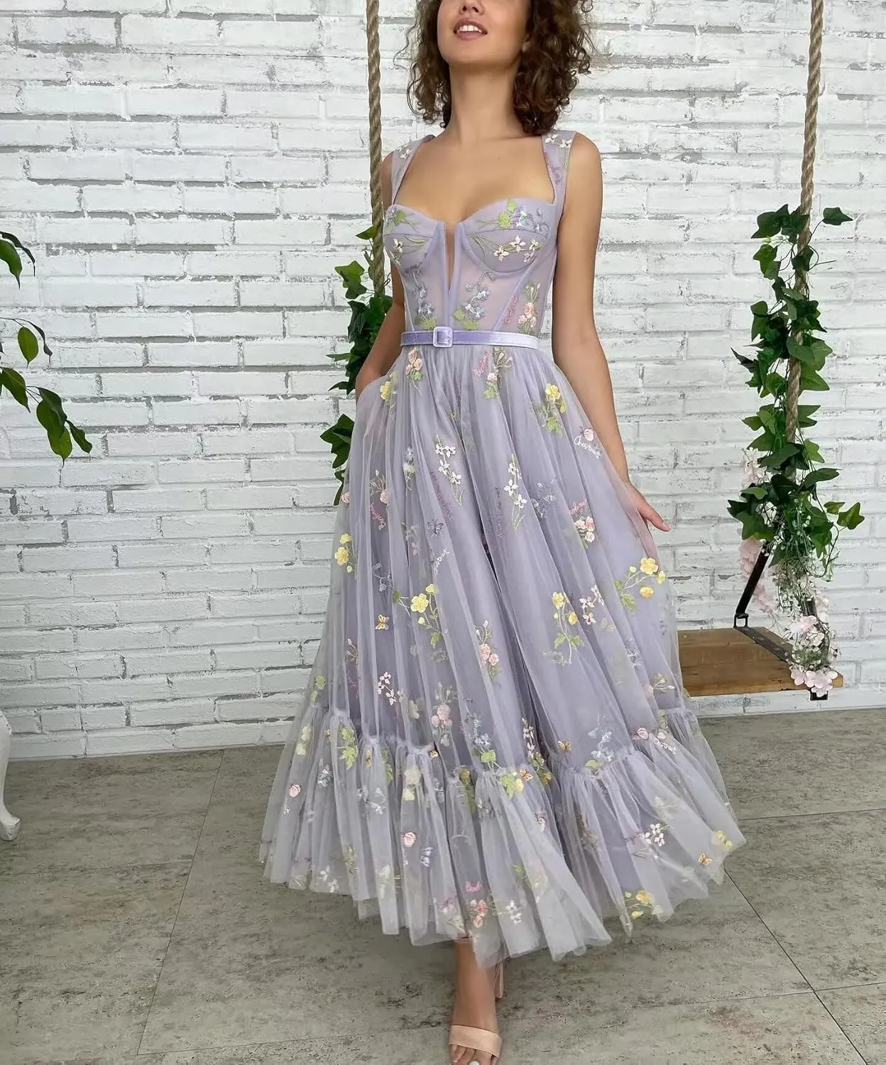 Flower Embroidery Tulle Prom Dresses Tea Length Corset Wedding Formal Evening Gown