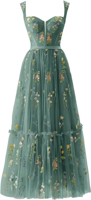 Flower Embroidery Tulle Prom Dresses Tea Length Corset Wedding Formal Evening Gown