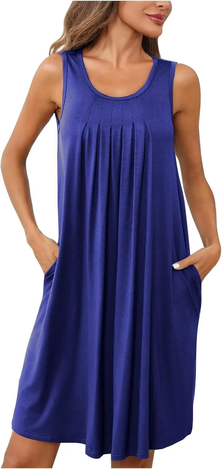 Flowy Dresses for Women Sleeveless Ruched Front T-Shirts Dress Halter Solid Casual Short Tank Sundress with Pockets