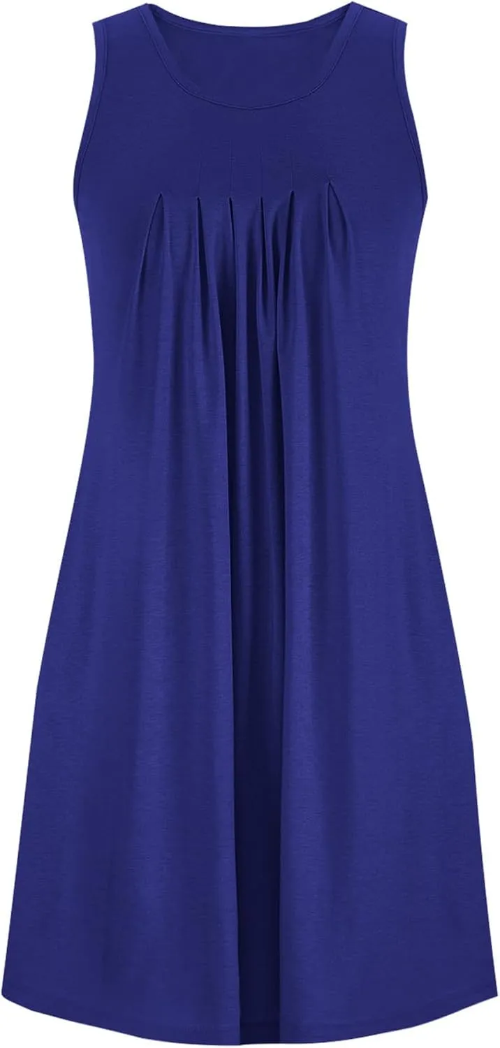 Flowy Dresses for Women Sleeveless Ruched Front T-Shirts Dress Halter Solid Casual Short Tank Sundress with Pockets