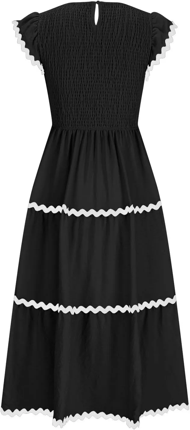 Flowy Dresses for Women,Ruffle Sleeve Spring Dresses High Waist A-Line Tiered Midi Dresses Elegant Wedding Date Night