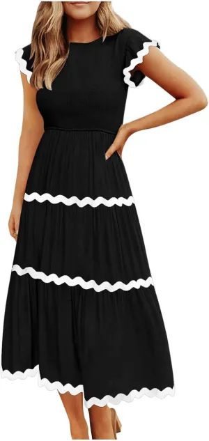 Flowy Dresses for Women,Ruffle Sleeve Spring Dresses High Waist A-Line Tiered Midi Dresses Elegant Wedding Date Night