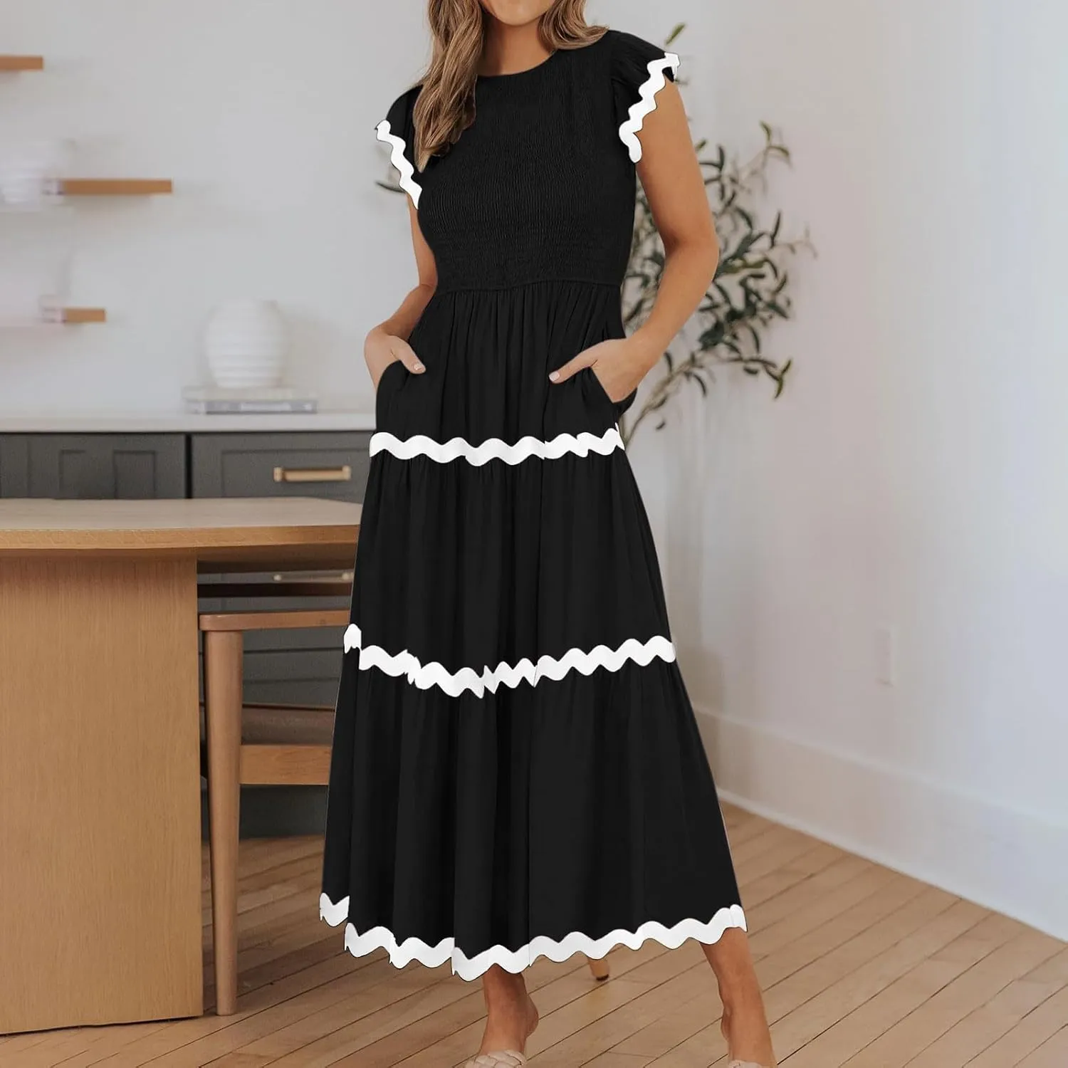 Flowy Dresses for Women,Ruffle Sleeve Spring Dresses High Waist A-Line Tiered Midi Dresses Elegant Wedding Date Night