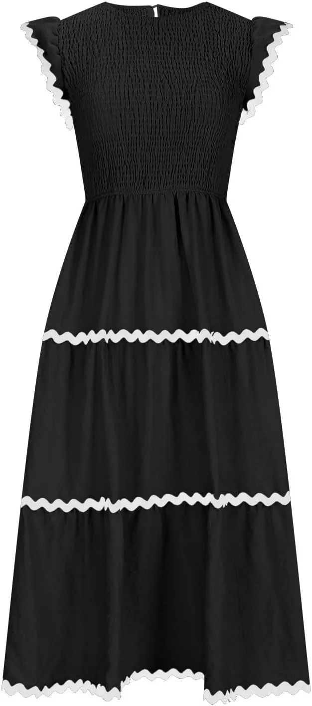 Flowy Dresses for Women,Ruffle Sleeve Spring Dresses High Waist A-Line Tiered Midi Dresses Elegant Wedding Date Night