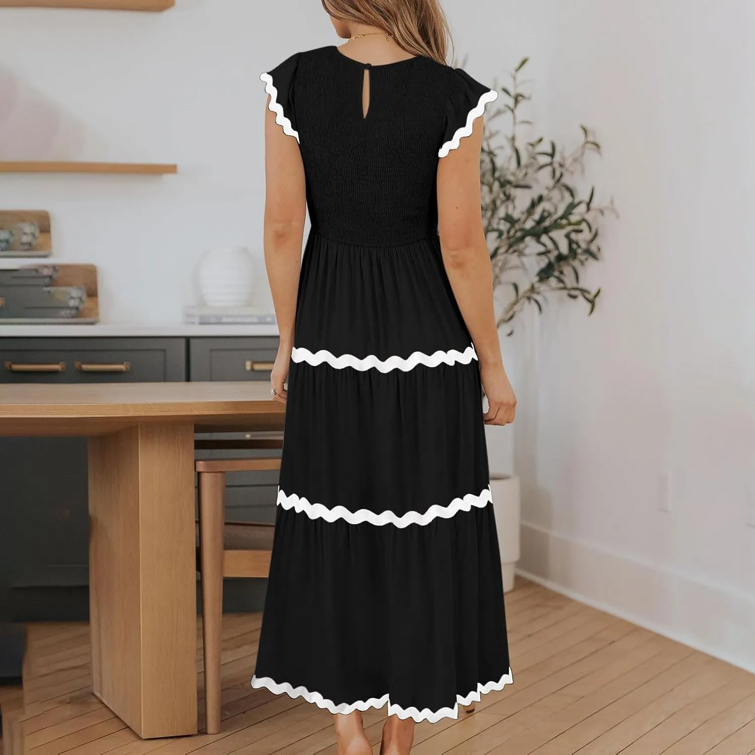 Flowy Dresses for Women,Ruffle Sleeve Spring Dresses High Waist A-Line Tiered Midi Dresses Elegant Wedding Date Night