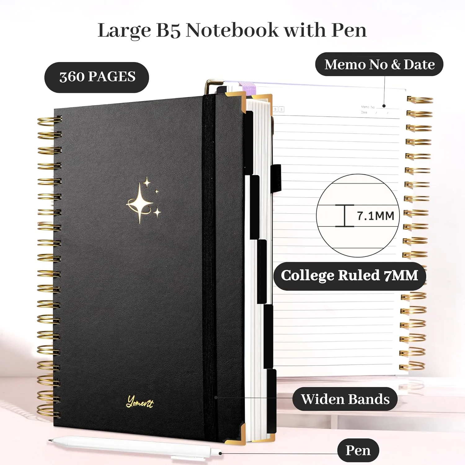 FLYING EAGLE Leather 5 Subject Notebook with Pen Dividers Tabs, 360 Pages Hardcover Spiral Notebooks College Ruled, Journaling Notebooks for Work School Note Taking, B5(7.6"x10.3") - Black