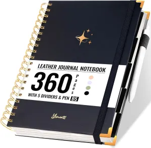 FLYING EAGLE Leather 5 Subject Notebook with Pen Dividers Tabs, 360 Pages Hardcover Spiral Notebooks College Ruled, Journaling Notebooks for Work School Note Taking, B5(7.6"x10.3") - Black