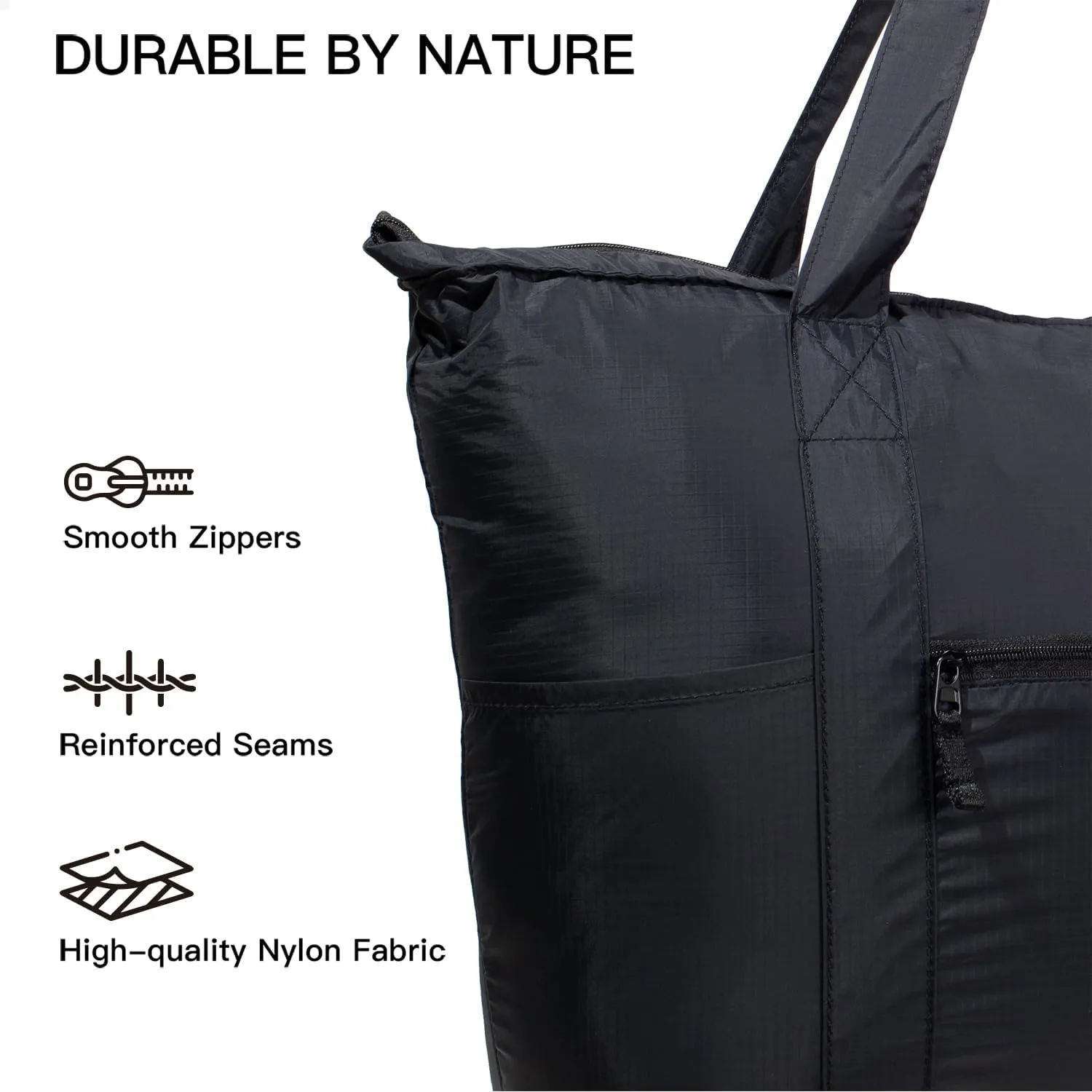 Foldable Lightweight Tote Bag Nylon for Travel Duffel,Polyester Packable Totes with Zipper, 23-28L Collapsible Compact Large for Women and Men,Black