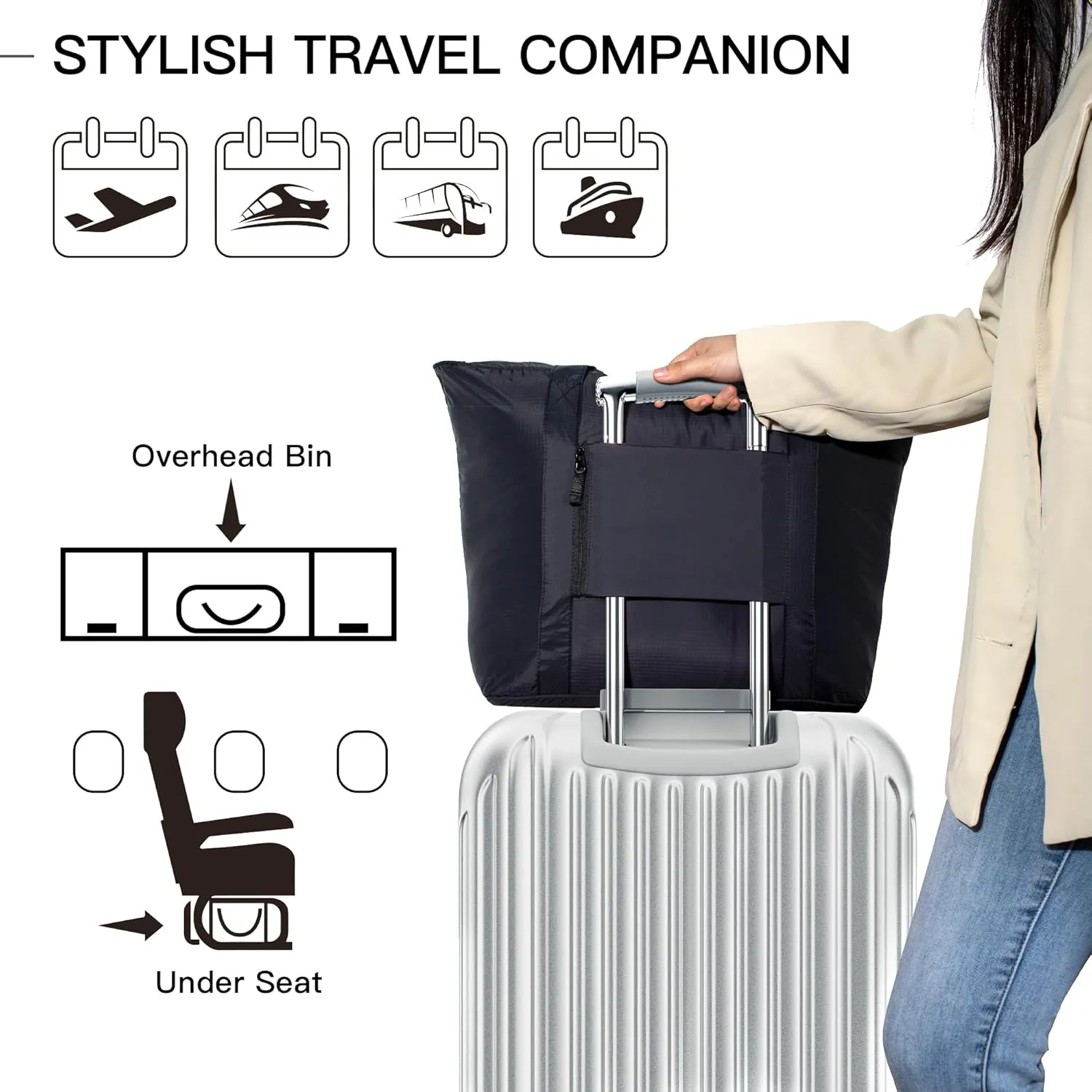 Foldable Lightweight Tote Bag Nylon for Travel Duffel,Polyester Packable Totes with Zipper, 23-28L Collapsible Compact Large for Women and Men,Black