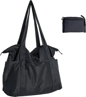 Foldable Lightweight Tote Bag Nylon for Travel Duffel,Polyester Packable Totes with Zipper, 23-28L Collapsible Compact Large for Women and Men,Black
