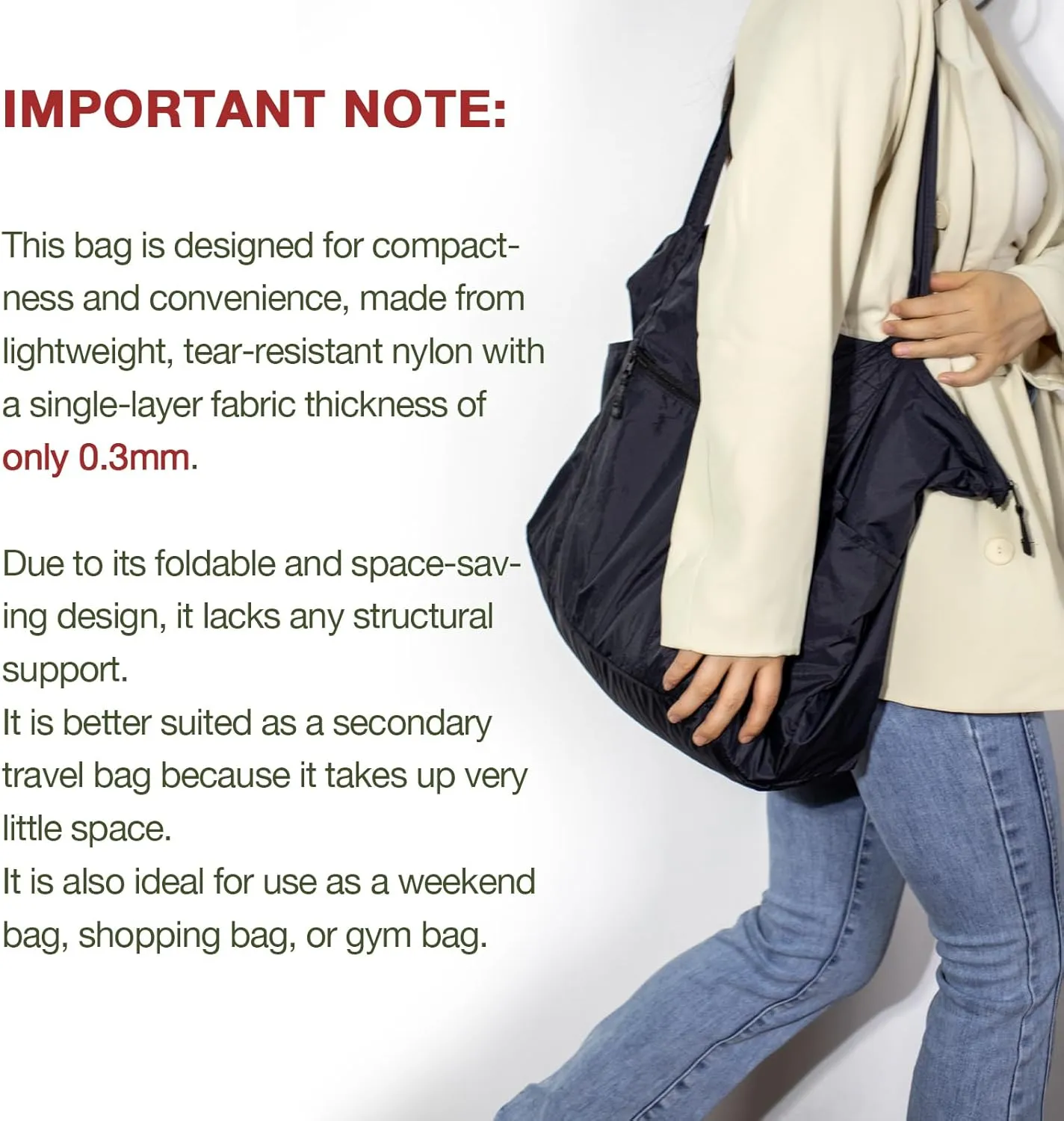 Foldable Lightweight Tote Bag Nylon for Travel Duffel,Polyester Packable Totes with Zipper, 23-28L Collapsible Compact Large for Women and Men,Black