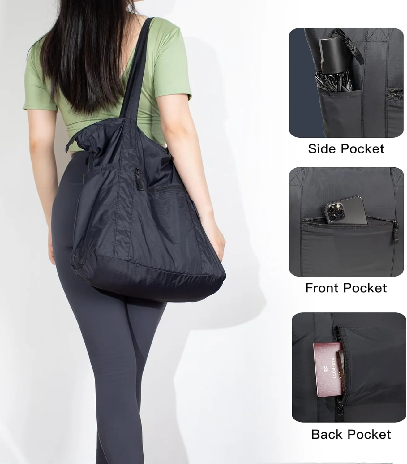 Foldable Lightweight Tote Bag Nylon for Travel Duffel,Polyester Packable Totes with Zipper, 23-28L Collapsible Compact Large for Women and Men,Black
