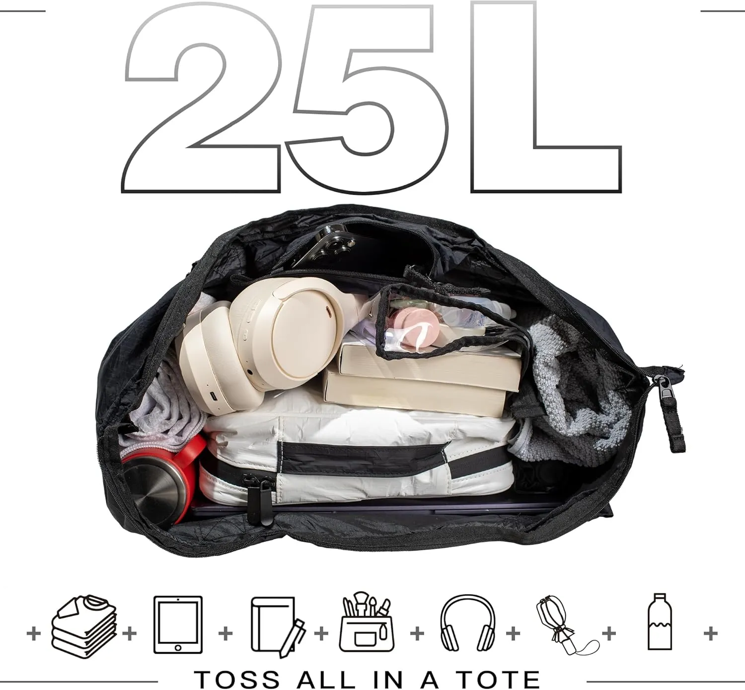 Foldable Lightweight Tote Bag Nylon for Travel Duffel,Polyester Packable Totes with Zipper, 23-28L Collapsible Compact Large for Women and Men,Black