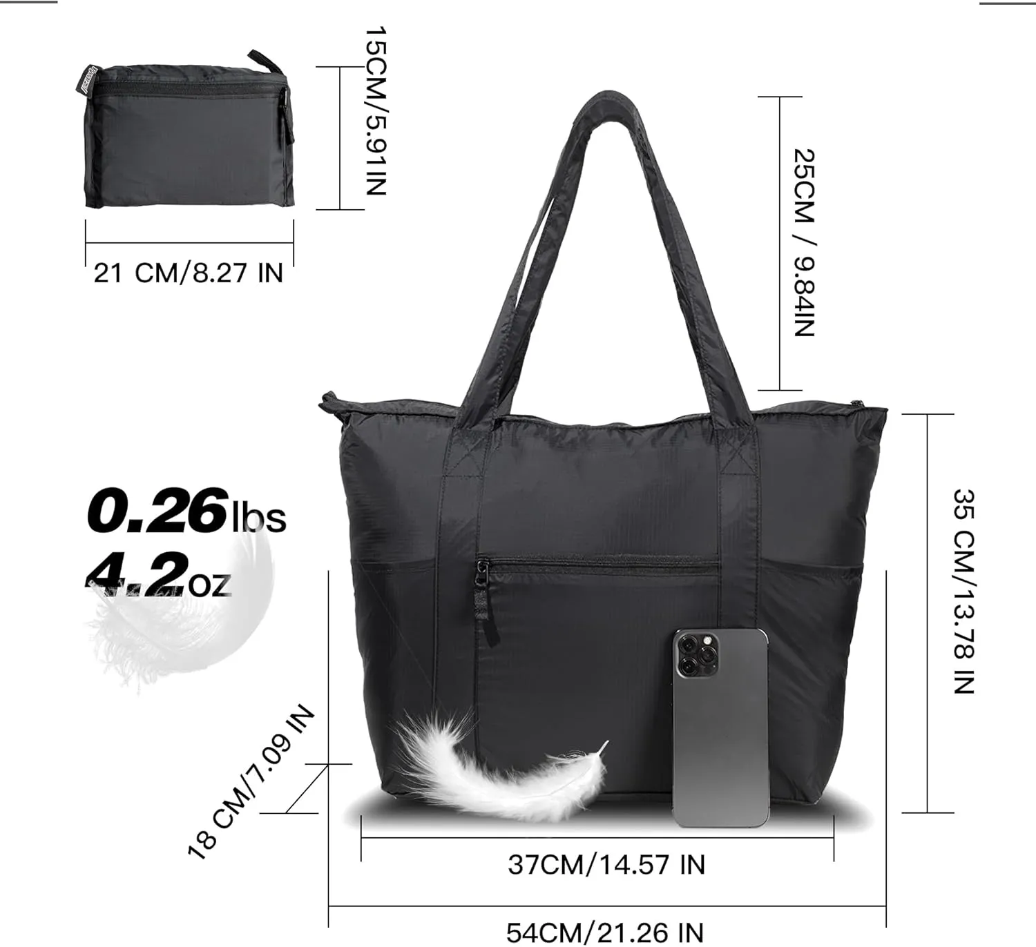 Foldable Lightweight Tote Bag Nylon for Travel Duffel,Polyester Packable Totes with Zipper, 23-28L Collapsible Compact Large for Women and Men,Black