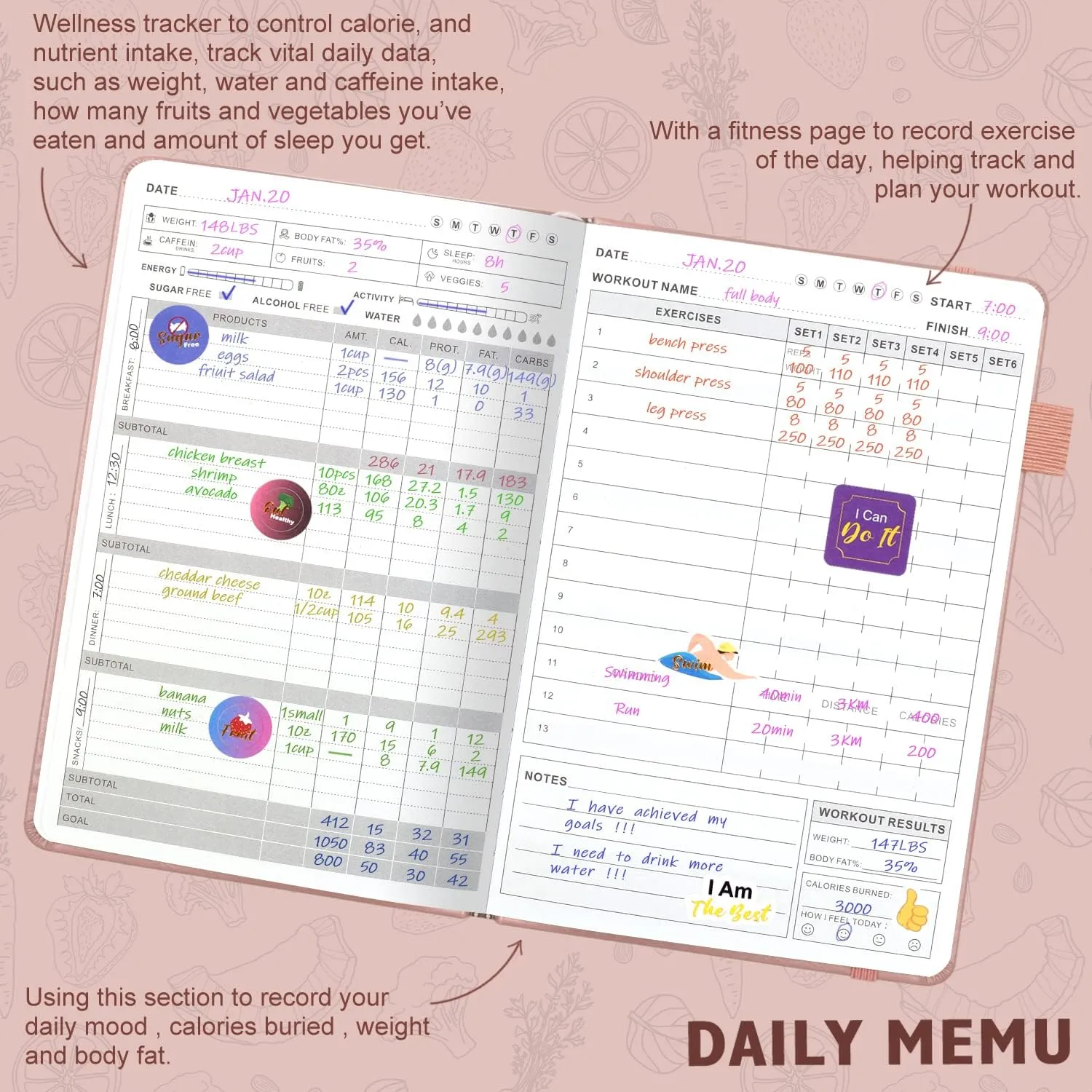 Food and Fitness Journal Hardcover Wellness Planner Workout Journal for Women Men to Track Meal and Exercise Count Calories Weight Loss Diet Training Weight Loss Tracker Undated Home and Gym