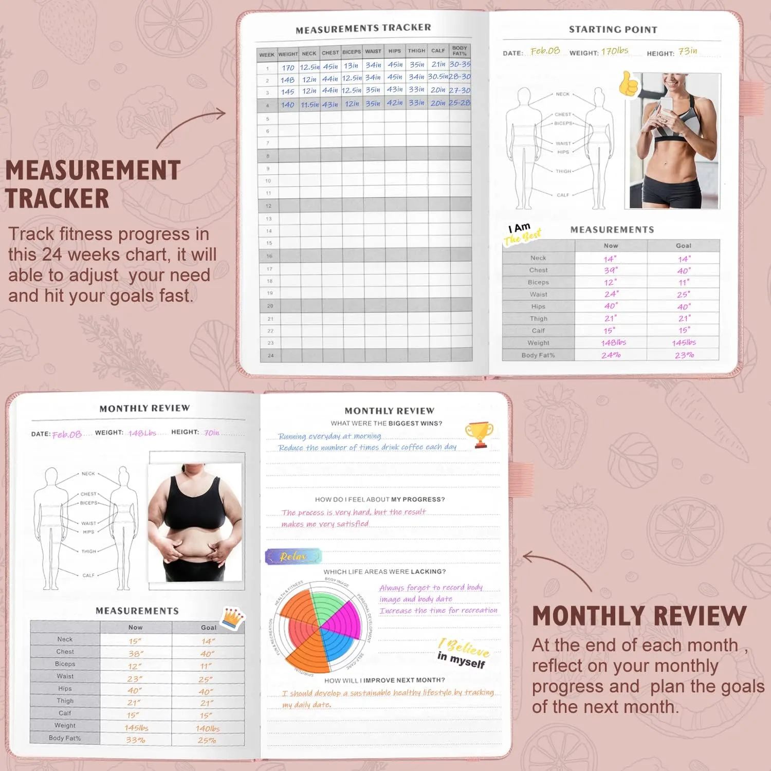 Food and Fitness Journal Hardcover Wellness Planner Workout Journal for Women Men to Track Meal and Exercise Count Calories Weight Loss Diet Training Weight Loss Tracker Undated Home and Gym