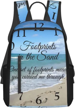 Footprints In The Sand Inspirational Christian Lightweight Backpack For Women Men, Casual Polyester Daypack Bookbag Travel Hiking Bag, Durable Laptop Backpack