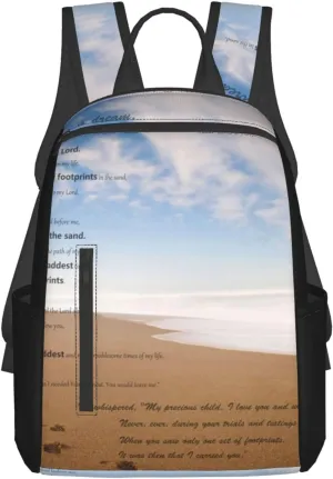 Footprints In The Sand Poem Lightweight Backpack For Women Men, Casual Polyester Daypack Bookbag Travel Hiking Bag, Durable Laptop Backpack
