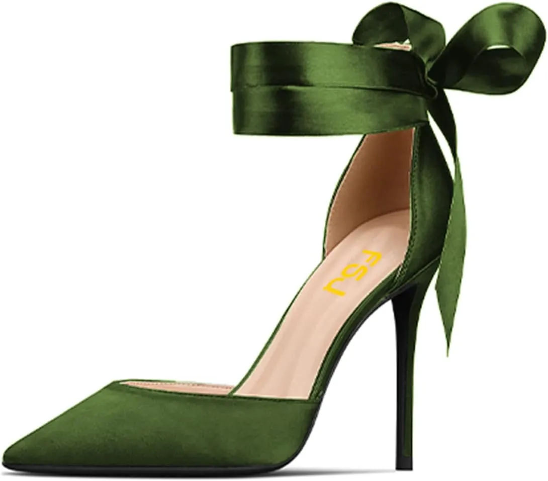 FSJ Women Closed Pointed Toe Heeled Sandals Lace Up Silk Ankle Tie Strap Sexy Strappy Stiletto Evening Party Dress Shoes Size 4-15 US