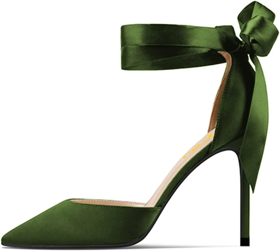 FSJ Women Closed Pointed Toe Heeled Sandals Lace Up Silk Ankle Tie Strap Sexy Strappy Stiletto Evening Party Dress Shoes Size 4-15 US