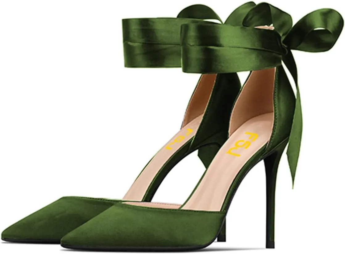 FSJ Women Closed Pointed Toe Heeled Sandals Lace Up Silk Ankle Tie Strap Sexy Strappy Stiletto Evening Party Dress Shoes Size 4-15 US