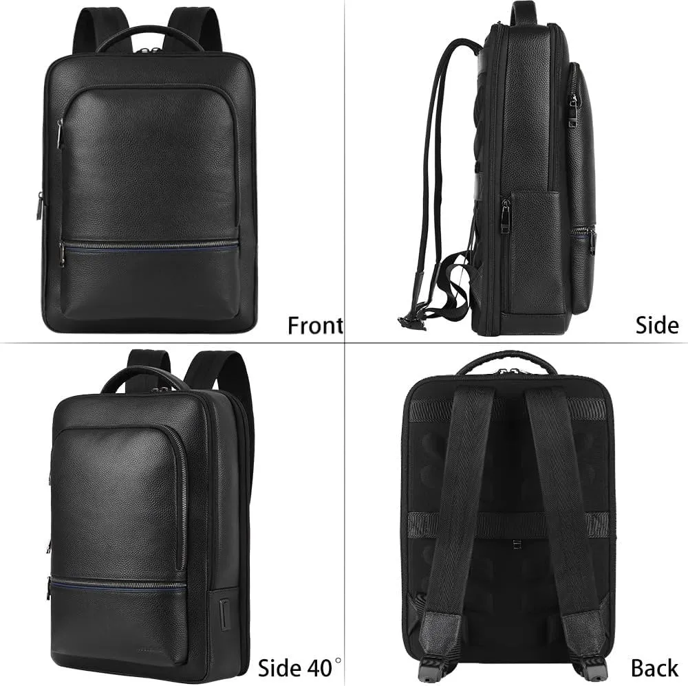 Full Grain Genuine Leather Backpack for Men Multi-Functional 15.6" Laptop Backpack with USB Charging, Black Business Travel Backpack Work Rucksack Daypack