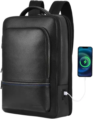 Full Grain Genuine Leather Backpack for Men Multi-Functional 15.6" Laptop Backpack with USB Charging, Black Business Travel Backpack Work Rucksack Daypack