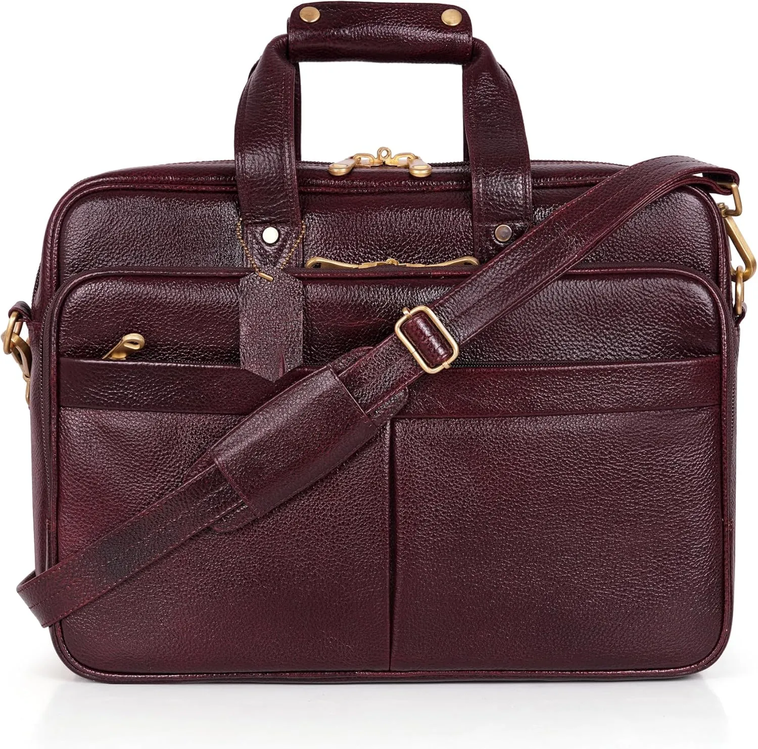 Full Grain Leather Briefcase for Men Top Choice Gifts Laptop Bag Multiple 16'' Compartments Brass Hardware