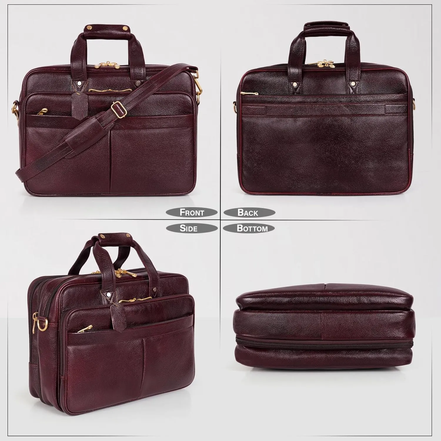 Full Grain Leather Briefcase for Men Top Choice Gifts Laptop Bag Multiple 16'' Compartments Brass Hardware