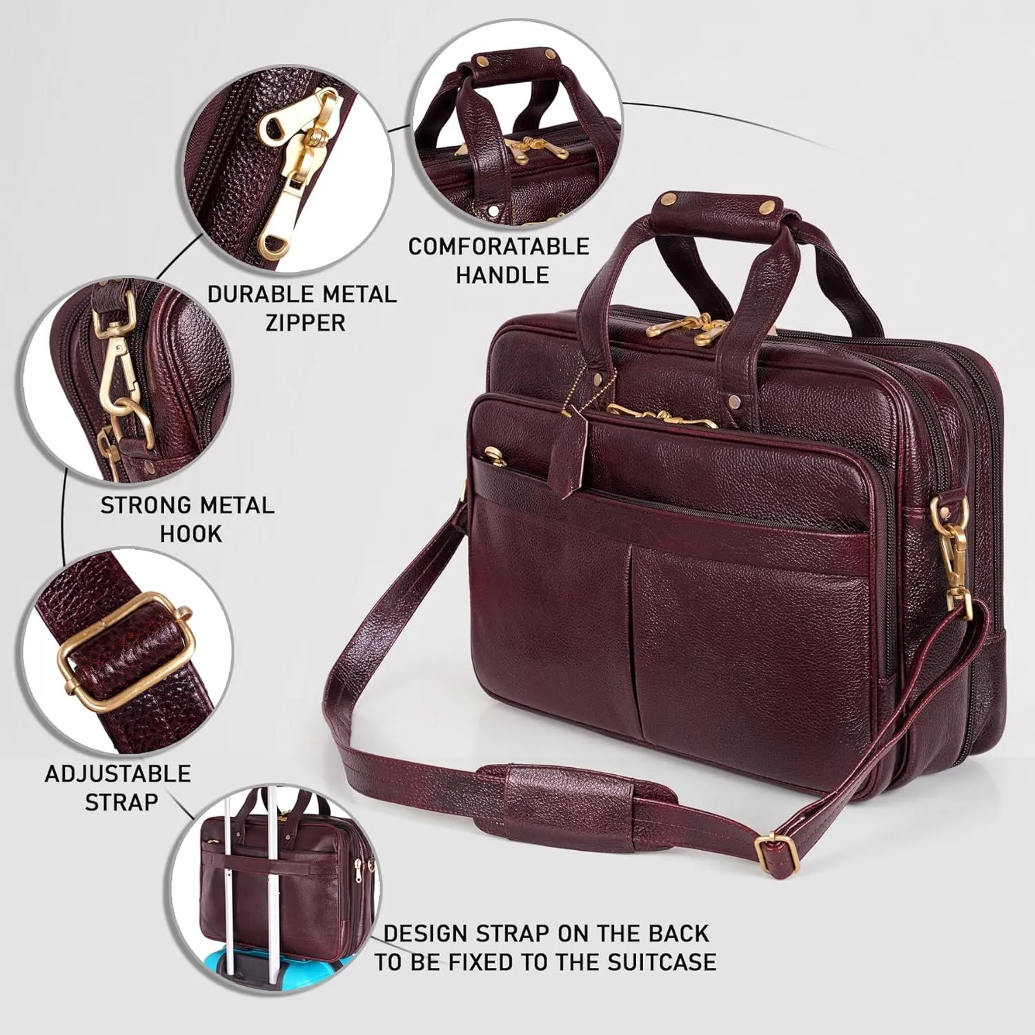 Full Grain Leather Briefcase for Men Top Choice Gifts Laptop Bag Multiple 16'' Compartments Brass Hardware