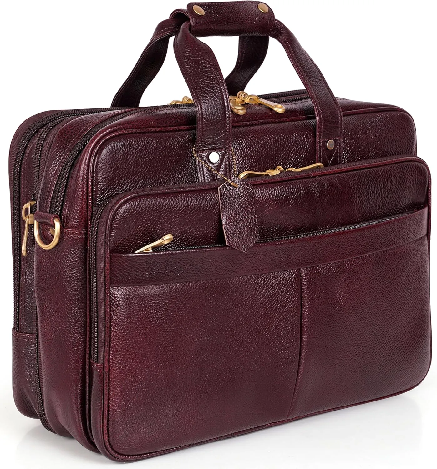 Full Grain Leather Briefcase for Men Top Choice Gifts Laptop Bag Multiple 16'' Compartments Brass Hardware