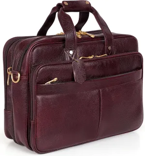 Full Grain Leather Briefcase for Men Top Choice Gifts Laptop Bag Multiple 16'' Compartments Brass Hardware