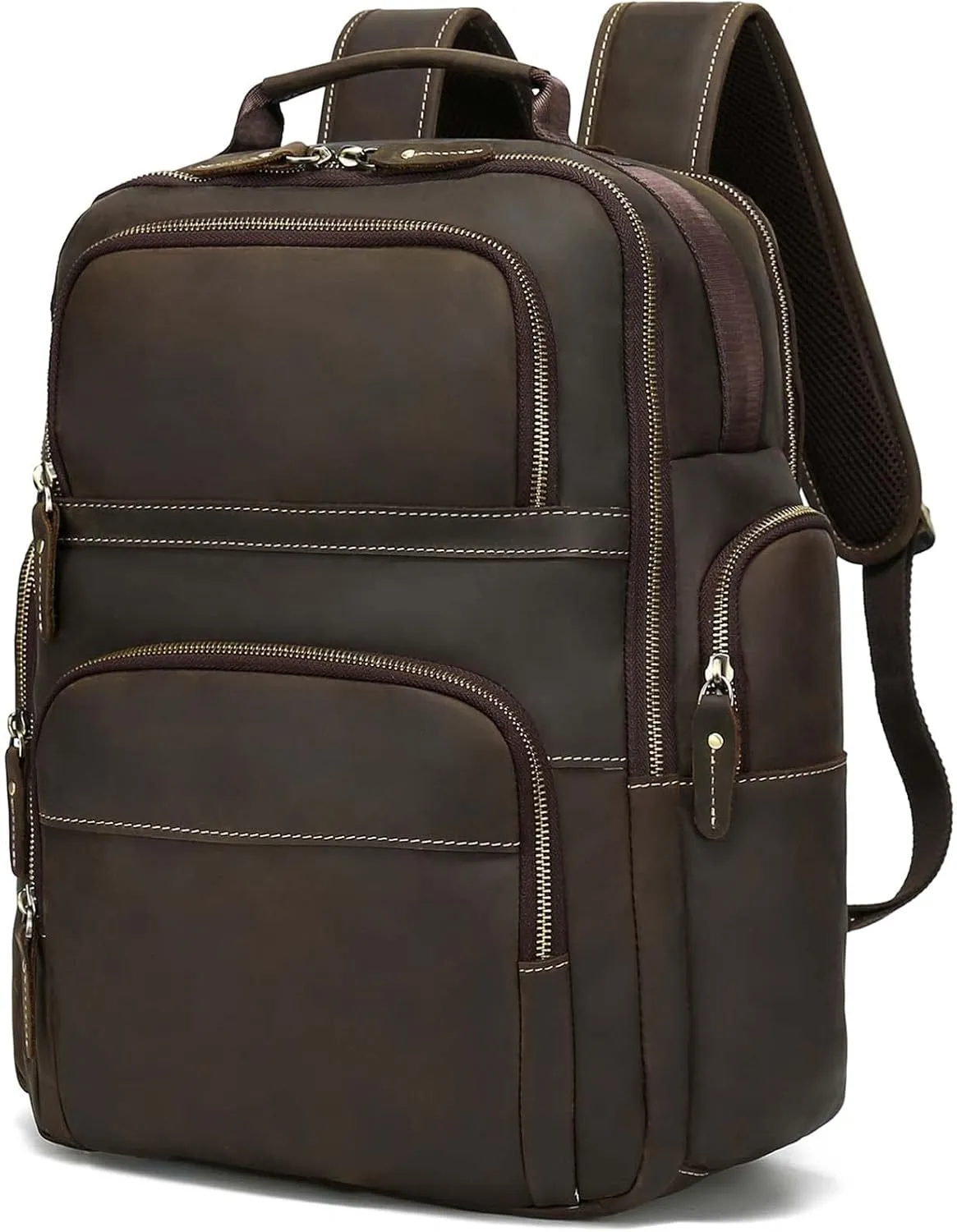 Full Grain Mens Leather Backpack for 15.6" Laptop Large Capacity 32L Multi Pockets Travel Work Hiking Daypacks