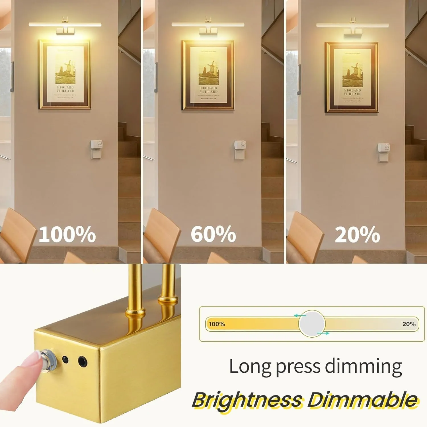 FUNCHDAY Picture Light Wireless, Rechargeable Gallery Light Battery Operated, 280LM Dimmable Art Lighting with Remote, 16" Metal Picture Lights for Wall, Paintings, Portrait, Photo (Brass)