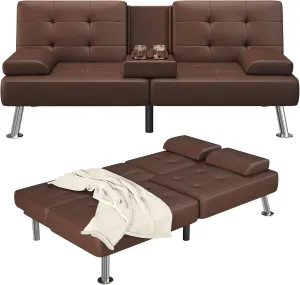 Furmax Futon Sofa Bed Adjustable Futon Couch Sleeper Sofa Bed for Living Room, Business Office, Recliner Sofa with Cup Holders (PU Leather, Brown)