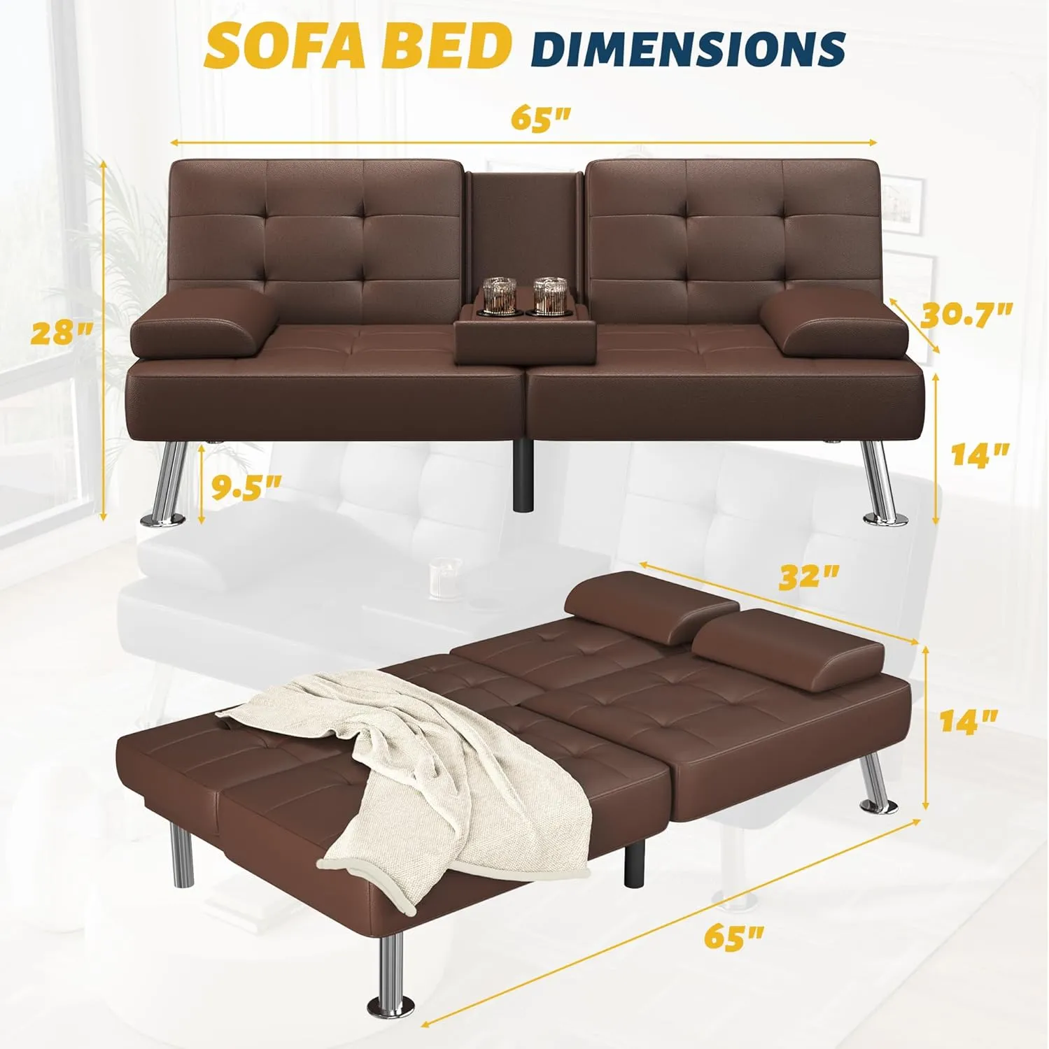 Furmax Futon Sofa Bed Adjustable Futon Couch Sleeper Sofa Bed for Living Room, Business Office, Recliner Sofa with Cup Holders (PU Leather, Brown)