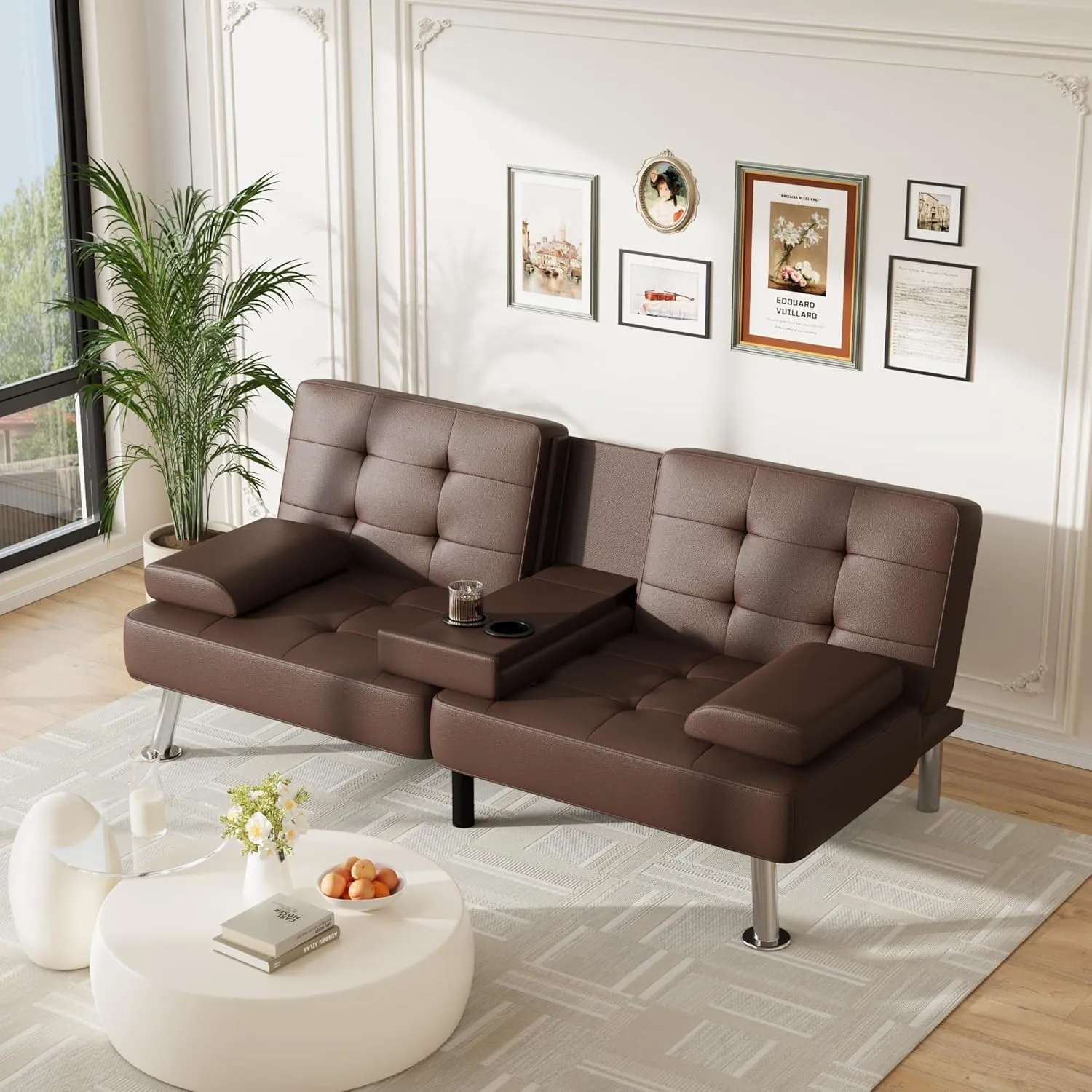 Furmax Futon Sofa Bed Adjustable Futon Couch Sleeper Sofa Bed for Living Room, Business Office, Recliner Sofa with Cup Holders (PU Leather, Brown)