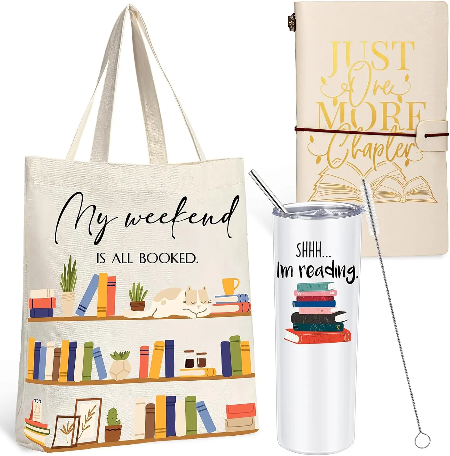 Fuutreo Book Lovers Gift for Women, Comprising 20 oz Stainless Steel Tumbler Cup with Lid, Canvas Tote Bag, Leather Journals with Inspirational Word, Book Lovers Reading Gifts for Women, Club Members