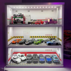 Garage Display Case Collectible Display Show Case with LED Lights,Model Car Display Case for 1:64 Scale Mini Car Parking Space Scene Collectible Gift Decoration 3 Layer Model Car Parking Lot Garage