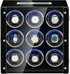 GaRcan Watch Winder for 9 Automatic Watch with Led Illumination LCD Touch Screen Display Piano Finish Super Quiet Motor Accessories Black, (Black)