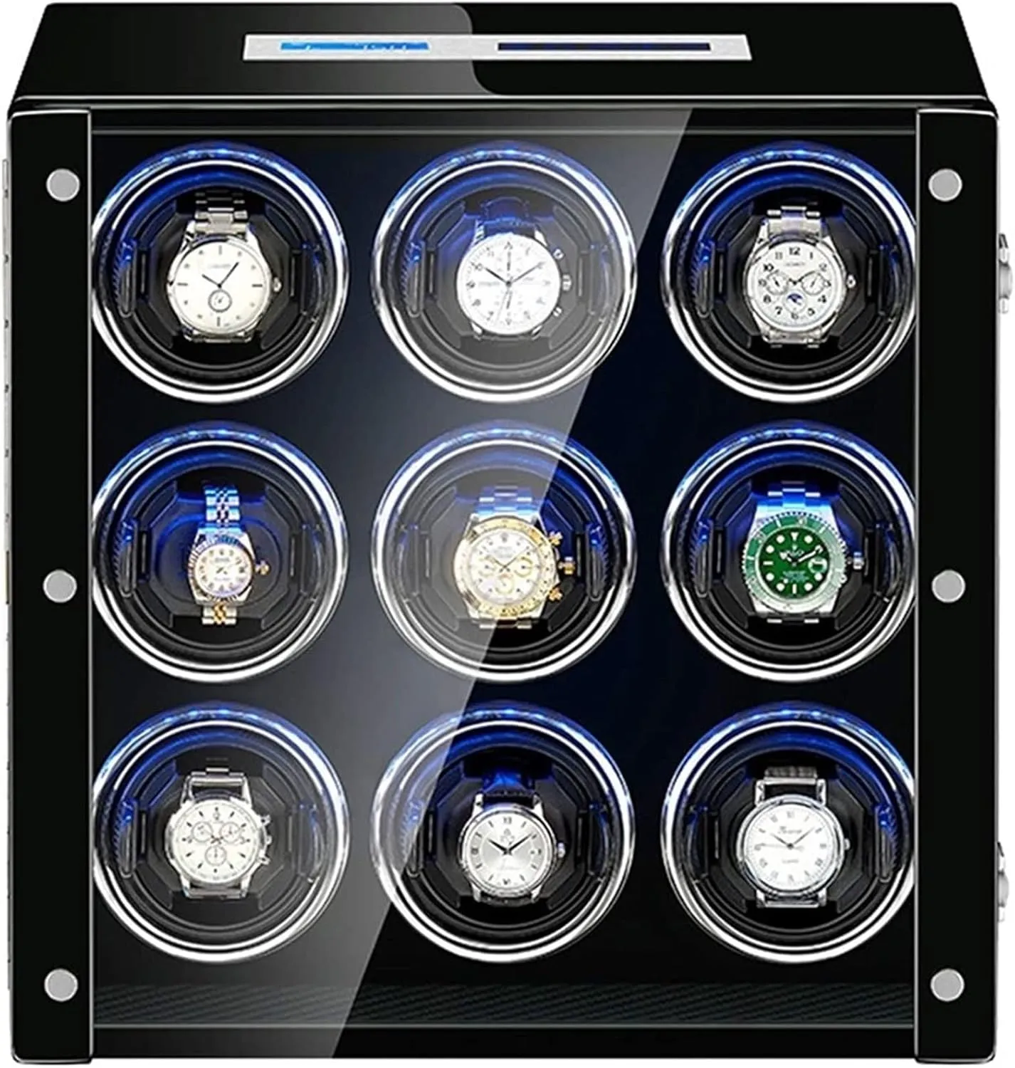 GaRcan Watch Winder for 9 Automatic Watch with Led Illumination LCD Touch Screen Display Piano Finish Super Quiet Motor Accessories Black, (Black)