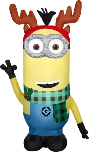 Gemmy Christmas Airblown Inflatable Minion Kevin w/Antlers Headband and Green Scarf Universal, 3.5 ft Tall