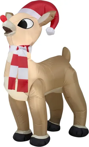 Gemmy Christmas Airblown Inflatable Standing Rudolph w/Santa Hat & Scarf, 3.5 ft Tall, Brown