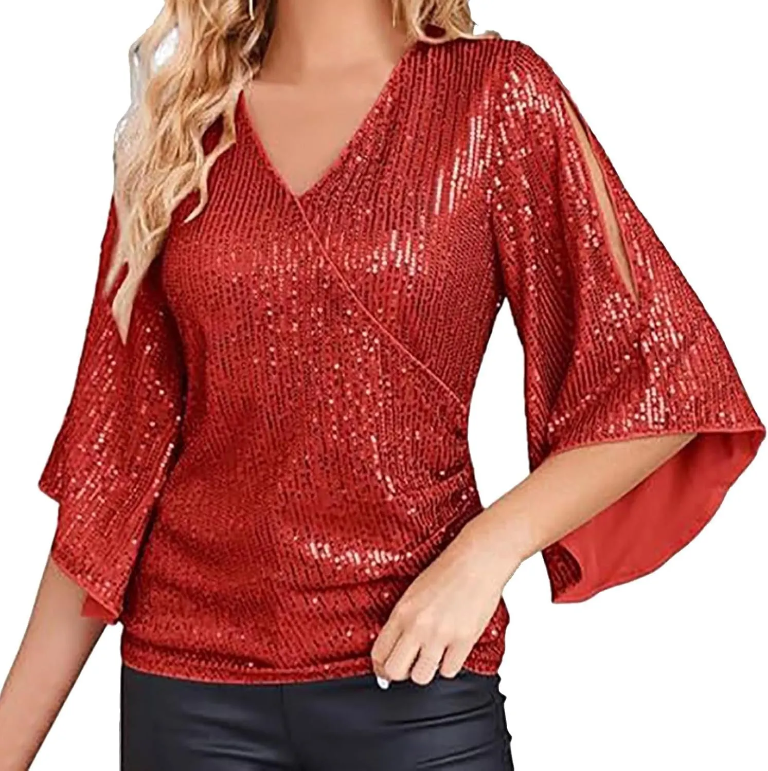 Generic Womens Sequin Tops 3/4 Sleeve Glitter Sparkly Blouse V Neck Dressy Tops for Evening Party Short Sleeve Sports Shirts