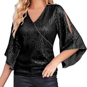 Generic Womens Sequin Tops 3/4 Sleeve Glitter Sparkly Blouse V Neck Dressy Tops for Evening Party Short Sleeve Sports Shirts