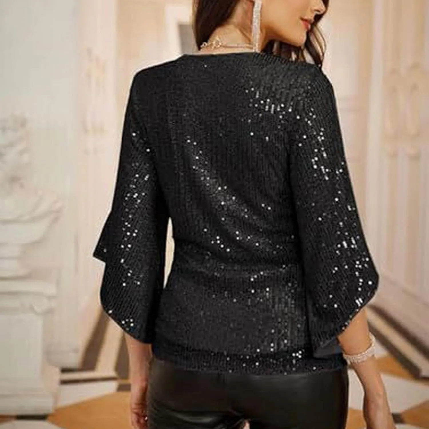 Generic Womens Sequin Tops 3/4 Sleeve Glitter Sparkly Blouse V Neck Dressy Tops for Evening Party Short Sleeve Sports Shirts