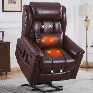 Genuine Leather Power Lift Recliner Sofa with Adjustable Massage and Heating, Electric Recliner Chair for Elderly in Bedroom, Living Room or Nursing Area