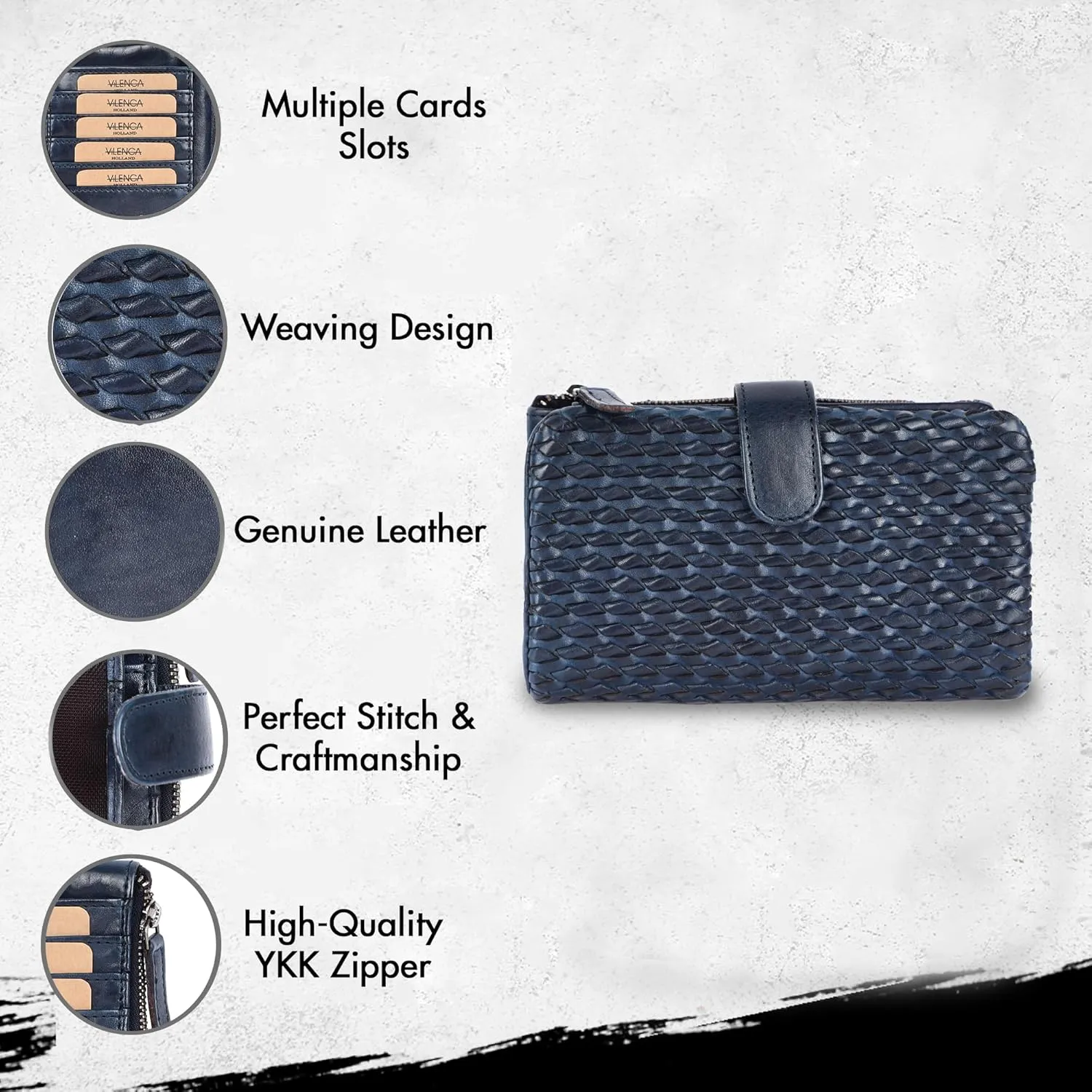 Genuine Leather Wallets for Women, Small Wallet for Ladies Zipper Coin Purse Credit Card Holder with Strap (VL-163-NAVY)