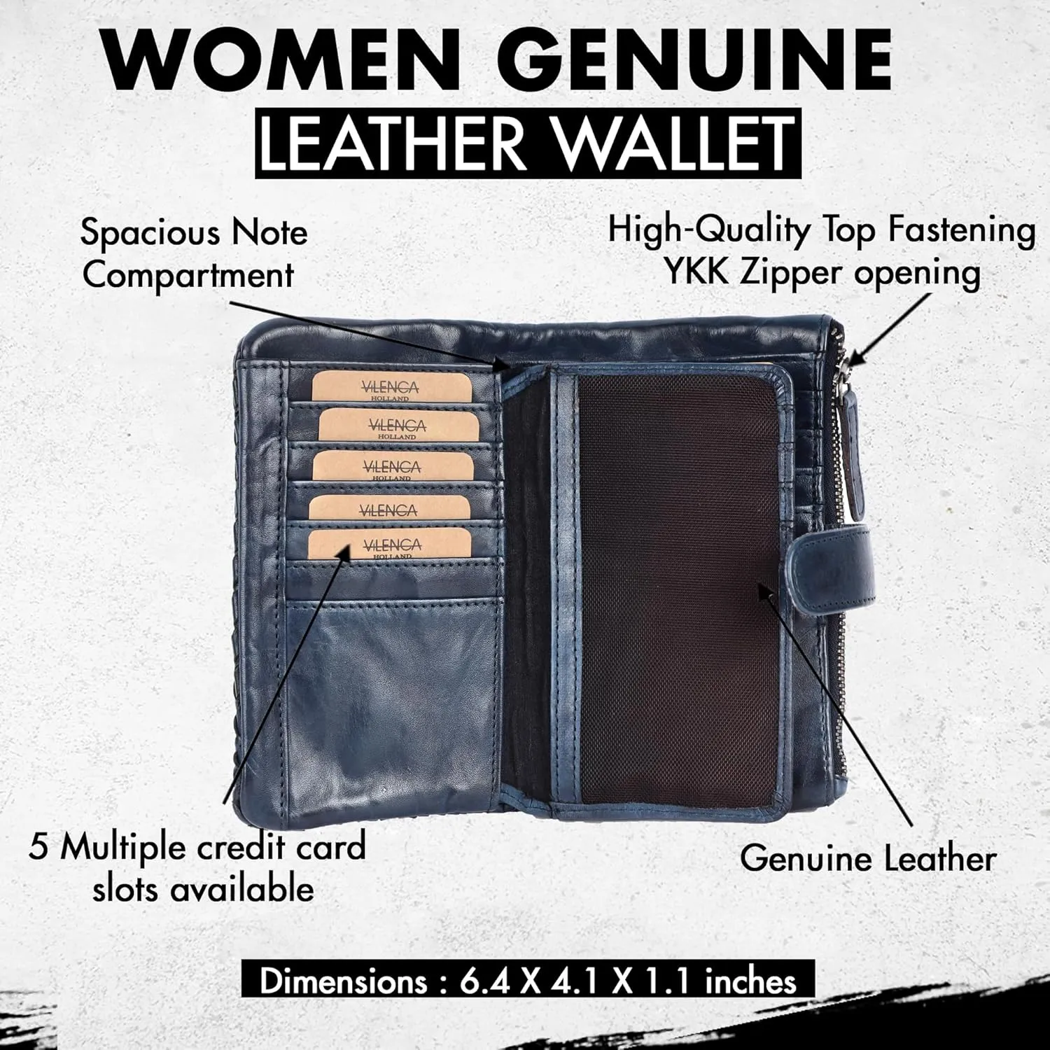 Genuine Leather Wallets for Women, Small Wallet for Ladies Zipper Coin Purse Credit Card Holder with Strap (VL-163-NAVY)