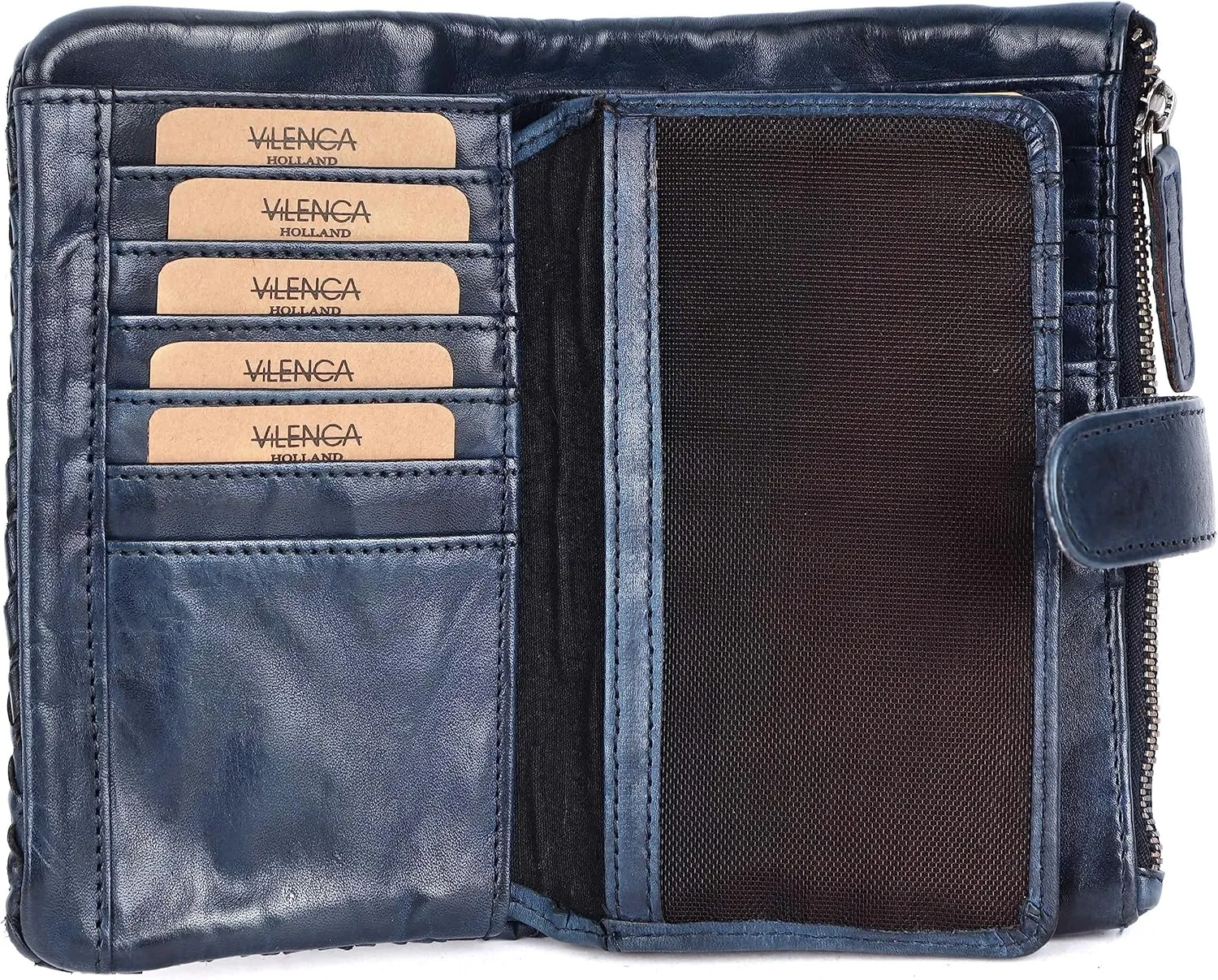 Genuine Leather Wallets for Women, Small Wallet for Ladies Zipper Coin Purse Credit Card Holder with Strap (VL-163-NAVY)